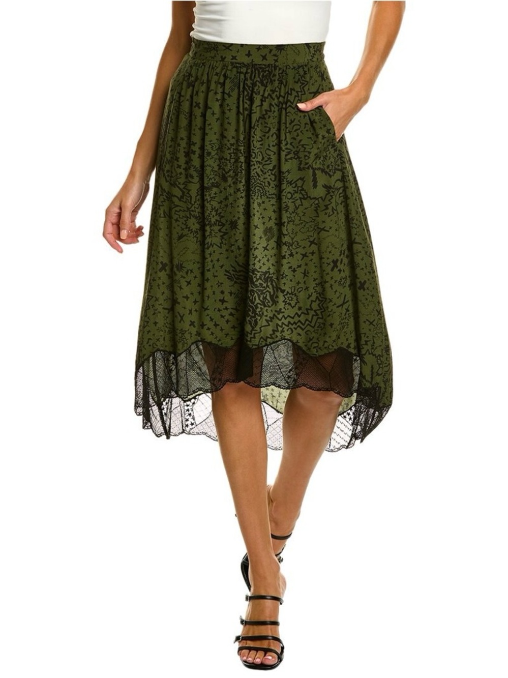 Zadig & Voltaire Women’s Joslin Glam Rock Khaki Skirt with Black Lace Size M